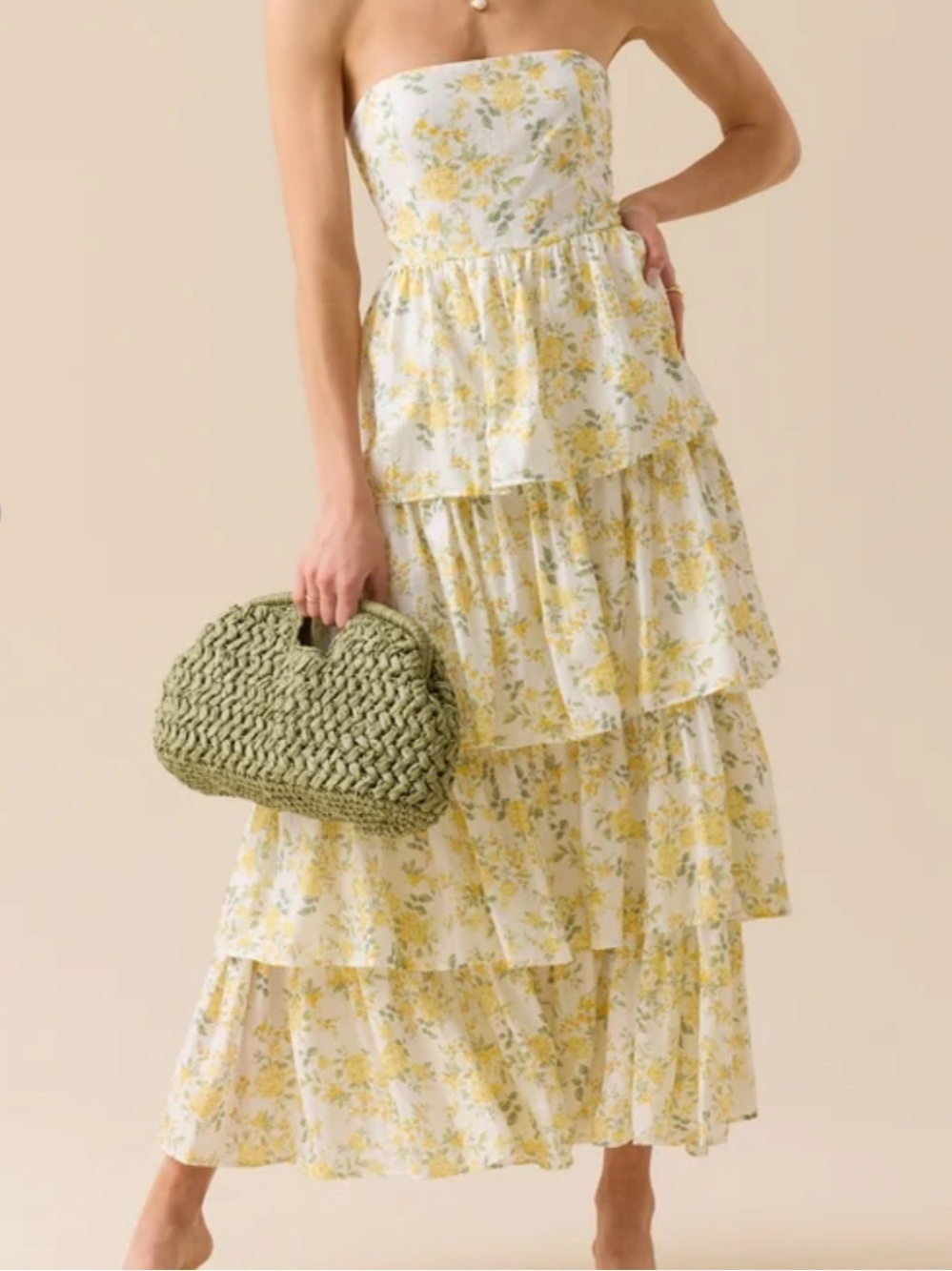 Altard State Betsy Strapless Tiered Floral Maxi Dress in Yellow & White